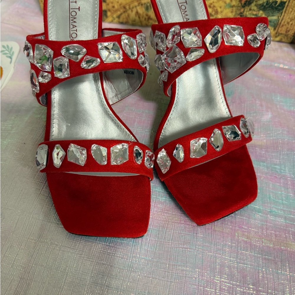 Hot Tomato Red Crystal Embellished Heels